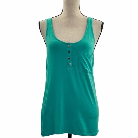 ZENANA Outfitters Teal Blue Criss-Cross Back Quarter Button Henley Pocket Tank - Picture 2 of 12